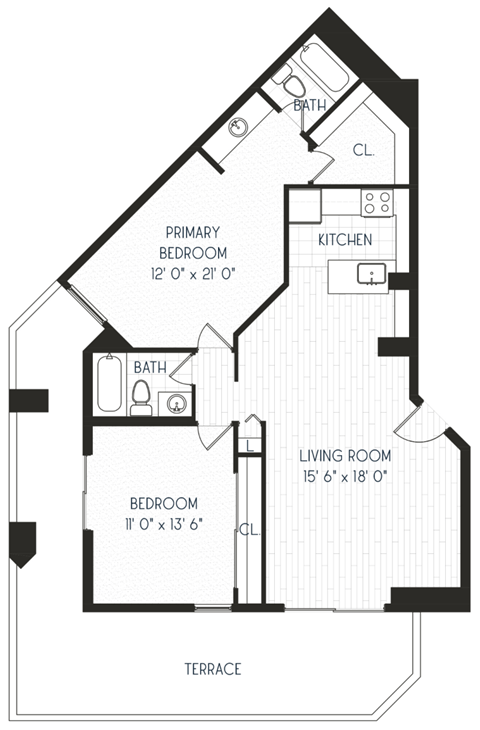 Floor plan for 2 beds, 2 baths, 1048 sqft